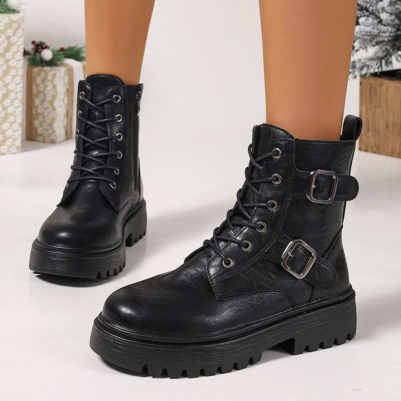 Fashion Buckle Black Motorcycle Boots Women Pu Leather Platform Ankle Boots Woman Plus Size 35-42 Thick Sole Lace Up Shoes Mujer