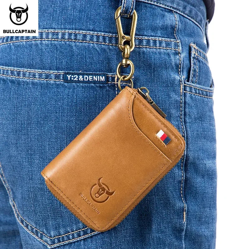 BULLCAPTAIN Genuine Leather Men's Key Card Holder High Quality Multifunctional Car Key Chain Wallet Mini Card Holder Key Holder