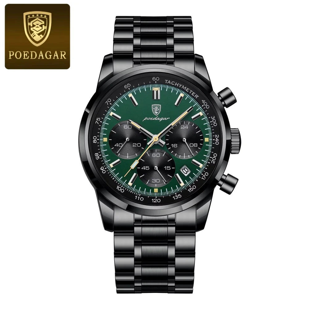 POEDAGAR Luxury Waterproof Chronograph Men Silver Green Black Quartz Wristwatch