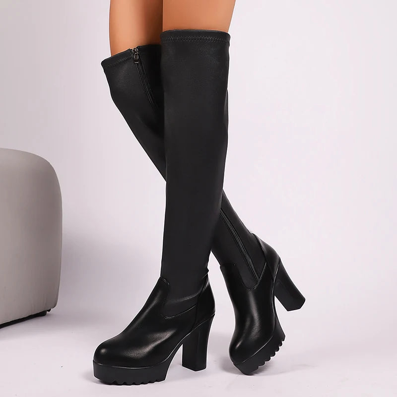 Super High Heels Black Over The Knee Boots Women Pu Leather Chunky Platform Long Boots Woman Side Zipper Fleece Punk Botas Mujer