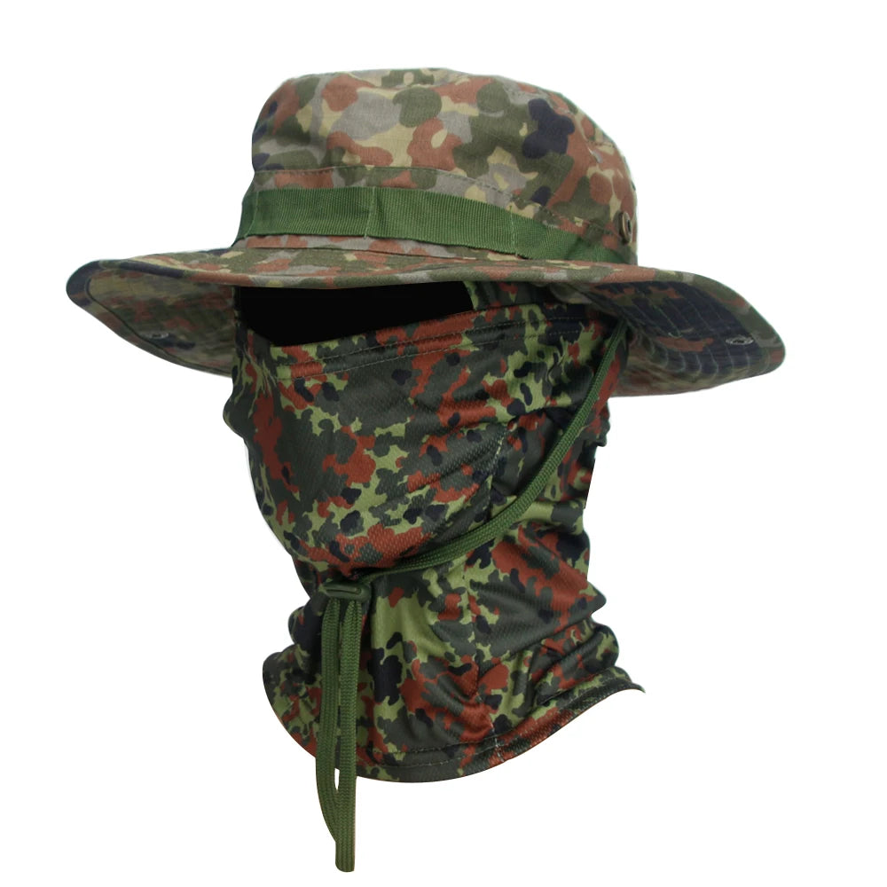 2Pcs Wide Brim Hat & Balaclava Set Men Outdoor Sun Boonie Cap Hiking Fishing Hat