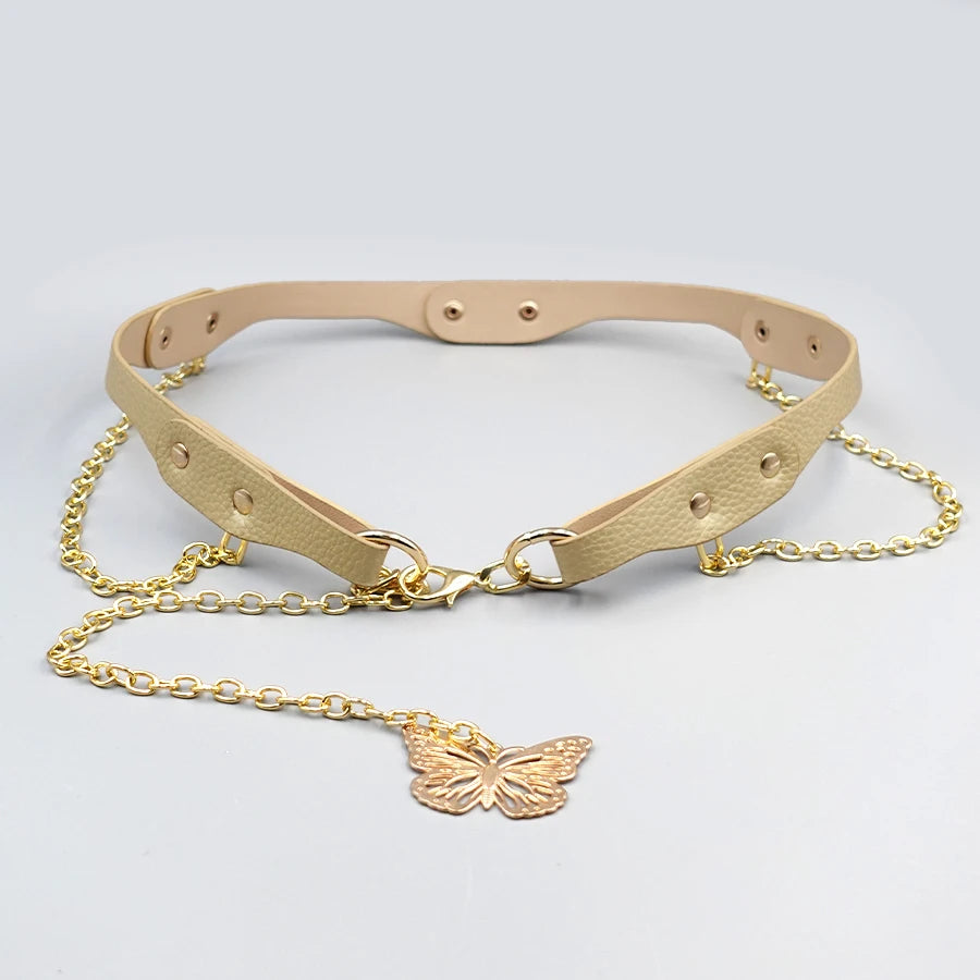 Y2K Vintage Women's Waist Chain - Metal Ring & Antique Butterfly Rivet Belt for Dresses, Festivals & Casual Styling