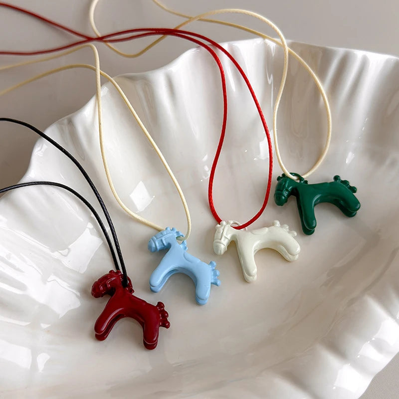 Funny Cartoon Colorful Horse Pendant Necklace for Women Adjustable Black Wax Rope Long Sweater Chain Accessories Fashion Jewelry