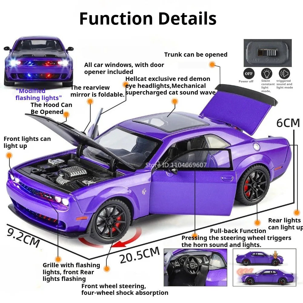 1:24 Hellcat Viper Miniature Sports Car Alloy Diecast Model Toys Front Wheel Steering Sound Light Pull Back Vehices Collectibles