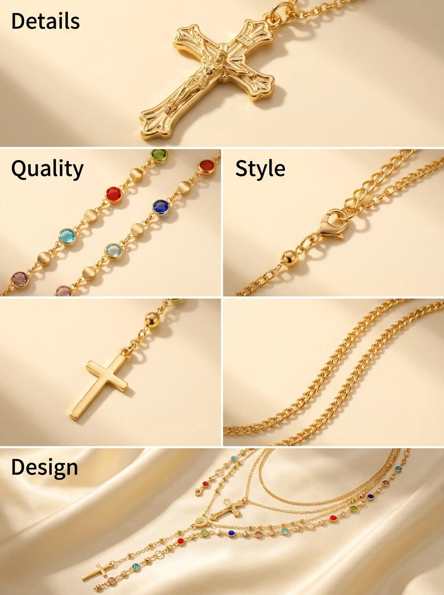 Sparkling Rhinestone Cross Pendant Necklace Layered Chain Jewelry For Women Religious Style Accessories