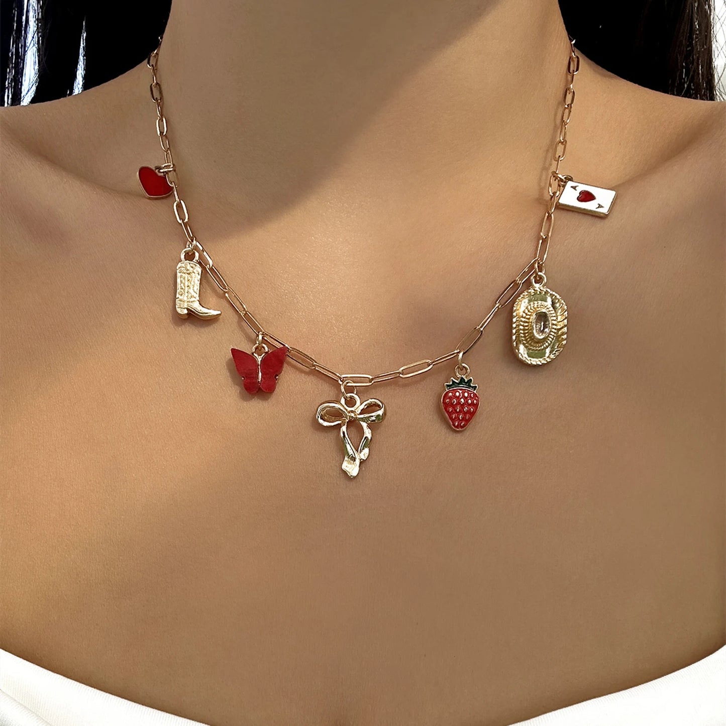 Y2K Sweet Cherry Strawberry Pendant Necklace For Women Dainty Cute Fruit Bow Charms Clavicle Chain Fashion Jewelry Accessories