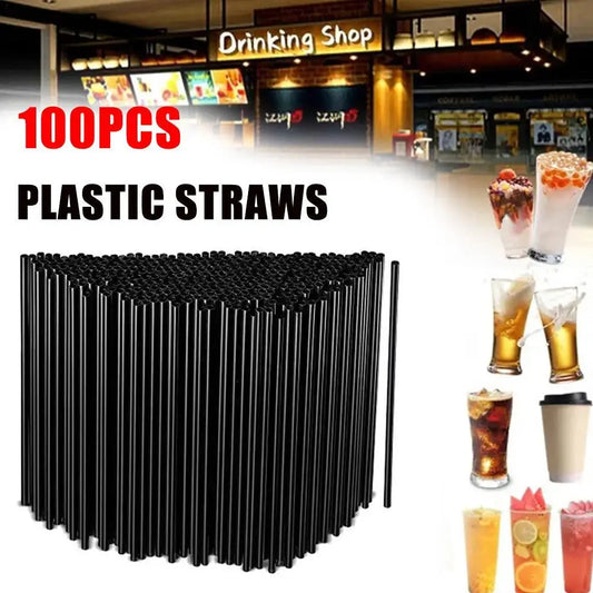 100Pcs Black Drinking Straws 7mm*255mm Plastic Straws Bar Cocktail Kitchen Wedding Party Beverage Straws Accessories