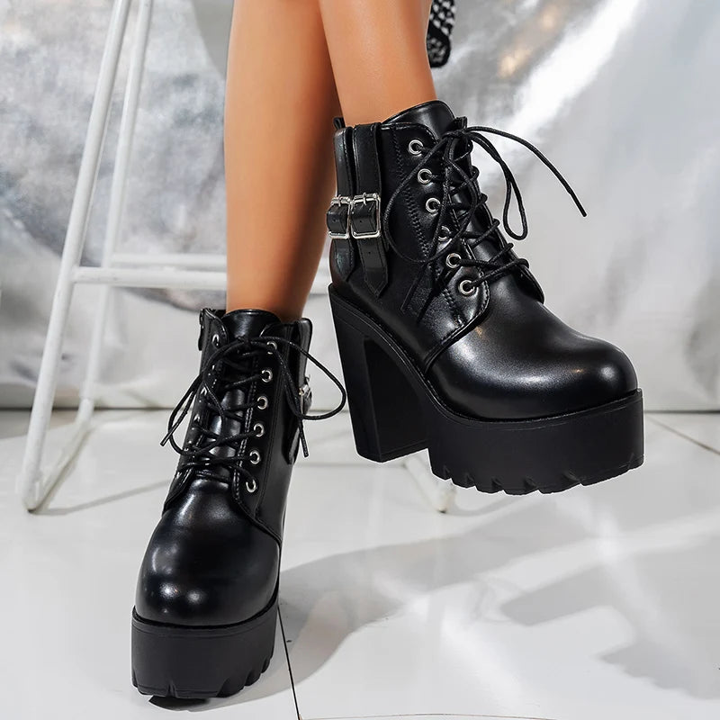 Buckle Decor Super High Heels Ankle Boots Women Lace Up Zip Thick Heeled Fashion Boots Woman Plus Size Pu Leather Short Booties