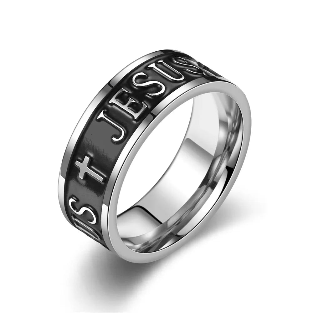 Punk Black Jesus Ring for Men, Never Fade Cross Stainless Steel Signet Ring