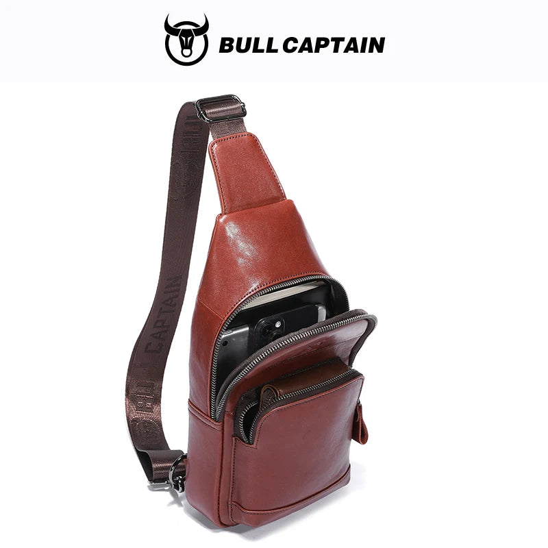 BULLCAPTAIN Men's Genuine Leather Chest Bag Multifunctional 7-inch Mobile Phone Bag Cowhide Casual Retro Shoulder Crossbody Bag