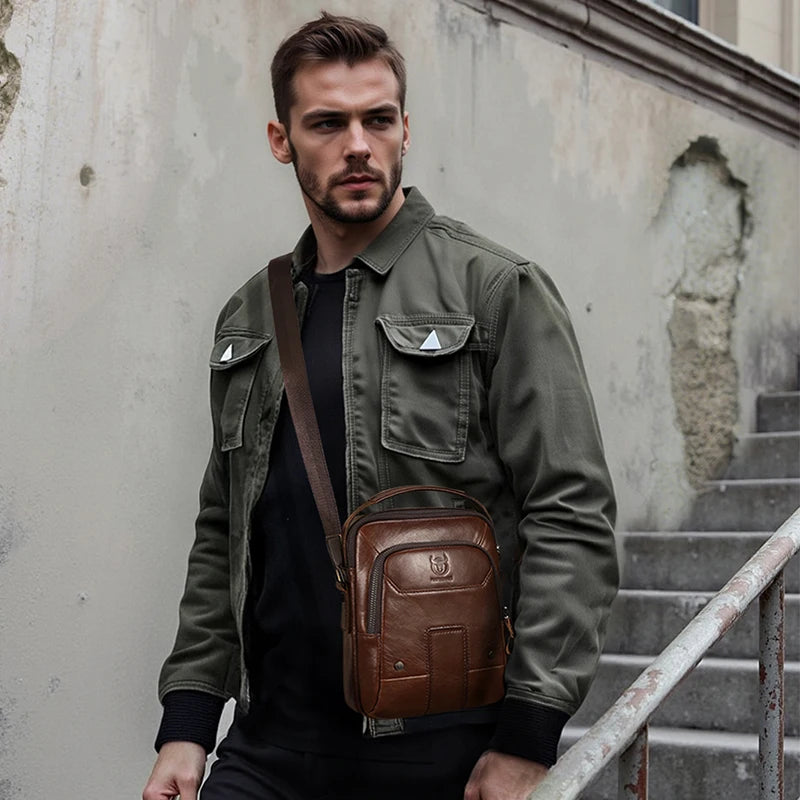 BULLCAPTIAN Men's Genuine Leather Shoulder Bag Multi functional Handheld Postman Bag Double layer 7.9-inch Computer Shoulder Bag