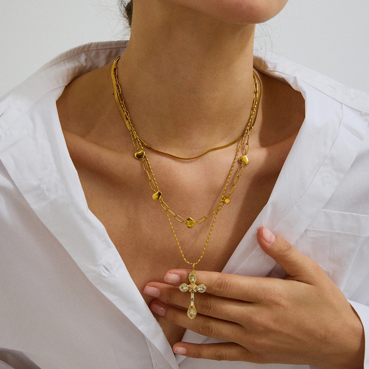 Uworld Retro Zircon Cross Pendant Necklace 18K Gold Color Plated Stainless Steel Colorful Zircon Cross Pendant Necklace Women's