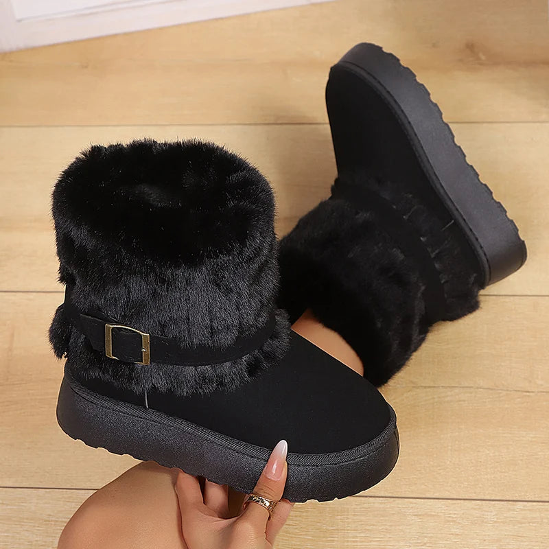 Fluffy Fur Non Slip Snow Boots Women Fashion Buckle Thick Bottom Warm Ankle Boots Woman Faux Fur Platform Winter Booties 36-43