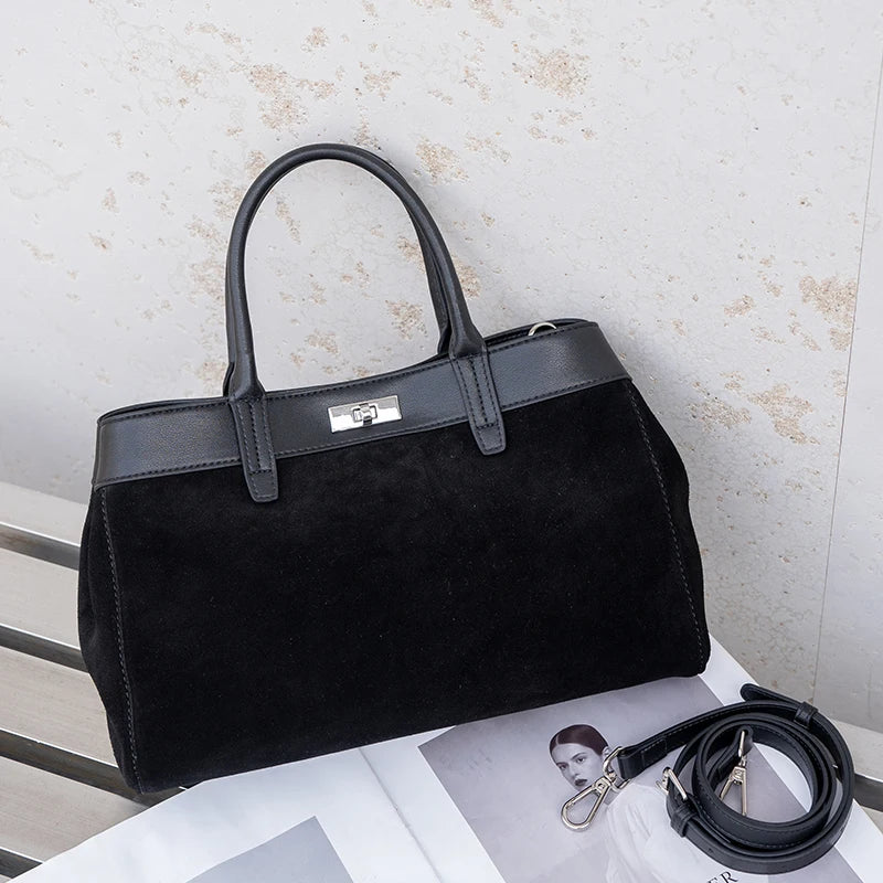 New Women's Natural Suede Leather Shoulder Bag Female Casual Soft Cowhide Durable Handbags Ladies Fashion Luxury Designer Bags