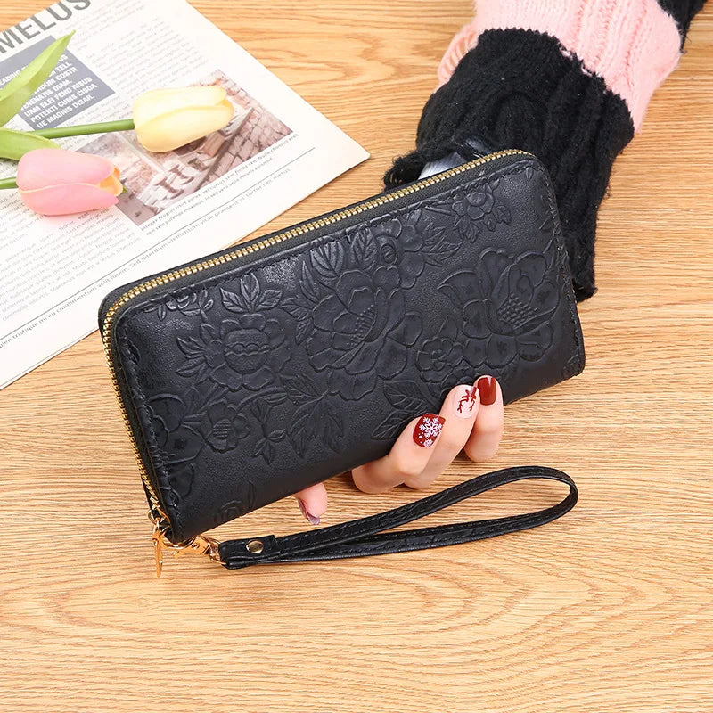 2026 New Floral Embossed Long Wallet PU Leather Credit Card Holder Simple Trendy Phone Bag Coin Purse for Women Hand-held Wallet