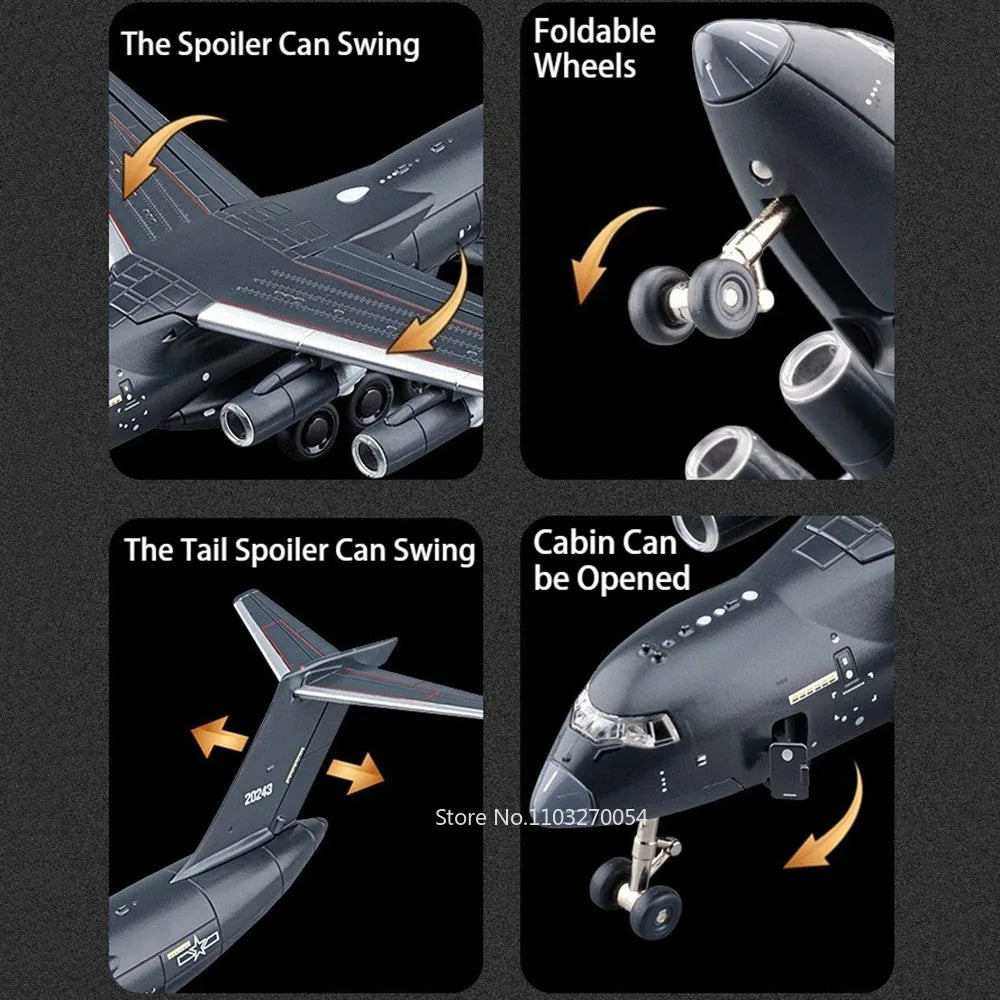 1:180 Alloy Y-20 Transport Aircraft Models Toys Diecast Car with Sound Light Pull Back Cabin Opened Plane Collectibles Boy Gifts