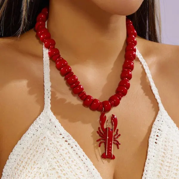 Funny Lobster Jewelry Set Beaded Necklace Dangle Earrings for Women Cute Ocean Animal Boho Beach Vacation Accessories