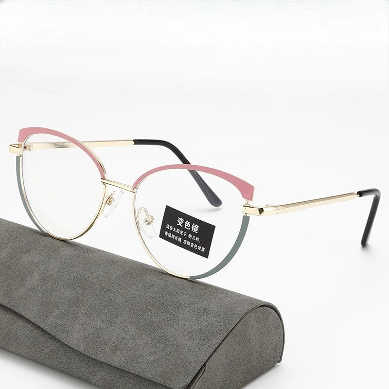 European and American glasses, metal cat eyes, color changing, anti blue light, fashionable and versatile trendy glasses