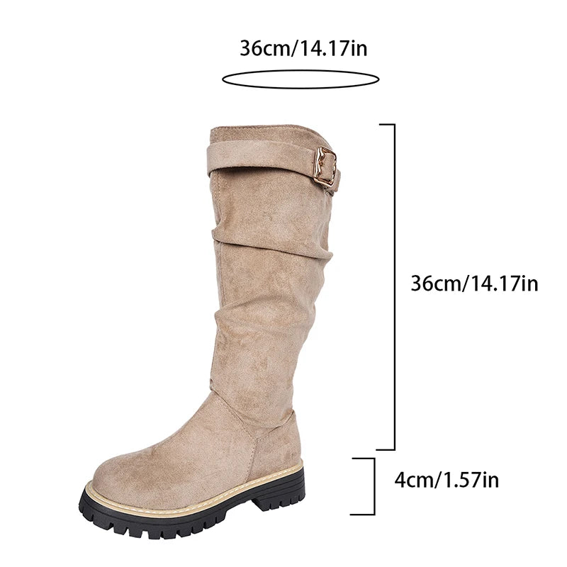 Buckle Decor Black Flock Knee High Boots Women Plus Size 43 Slip On Platform Long Boots Woman Autumn Winter Thick Sole Botas