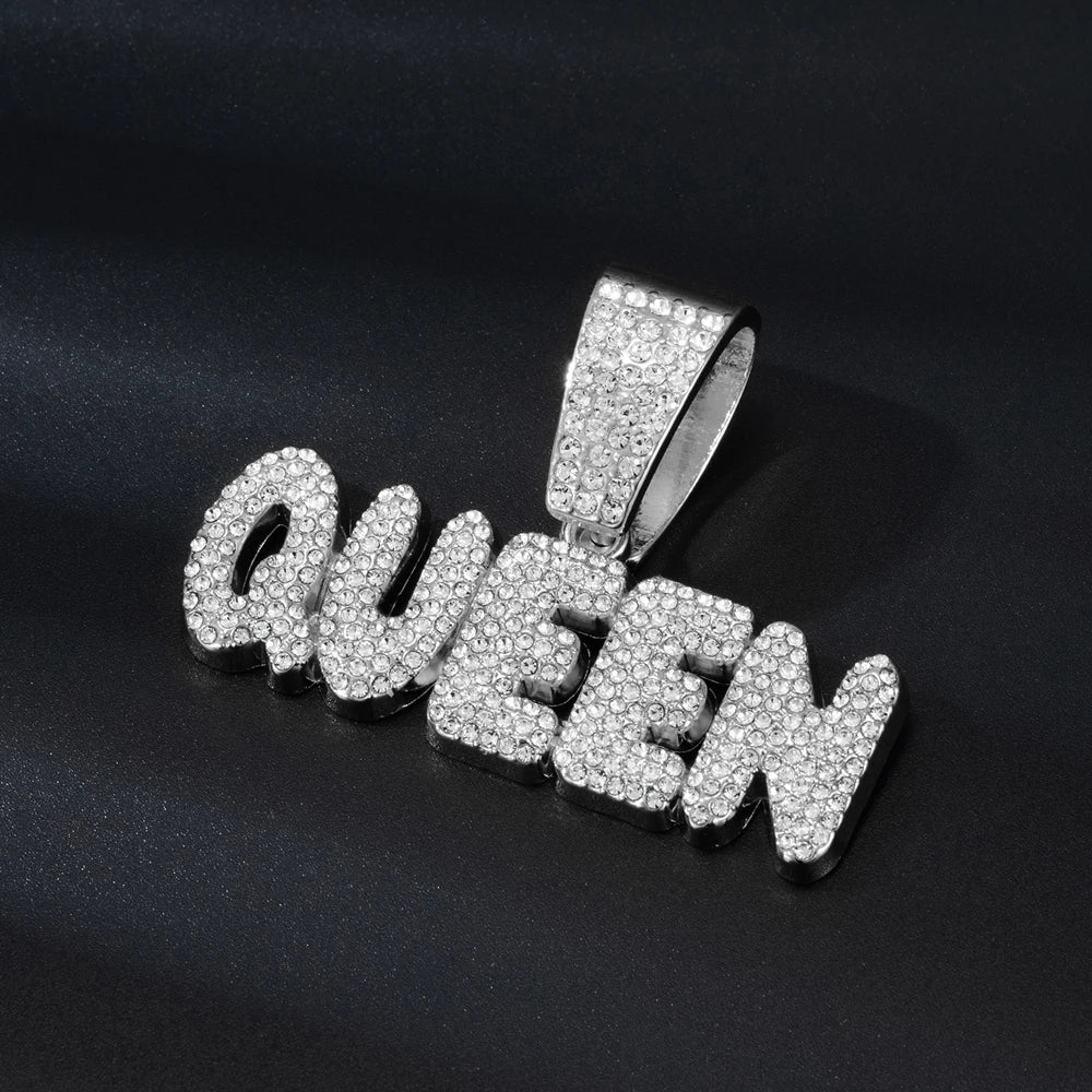 Hip Hop Letter QUEEN Pendant Pave Rhinestone With 13mm Cuban Chain Necklace For Men Fashion Iced Out Crystal Letter Jewelry Gift