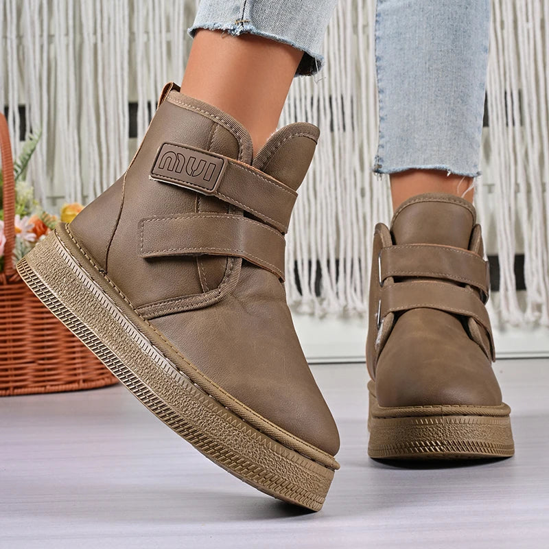 Hook Loop Pu Leather Platform Snow Boots Women Thick Bottom Warm Plush Ankle Boots Woman Comfot Anti Slip Winter Booties Mujer