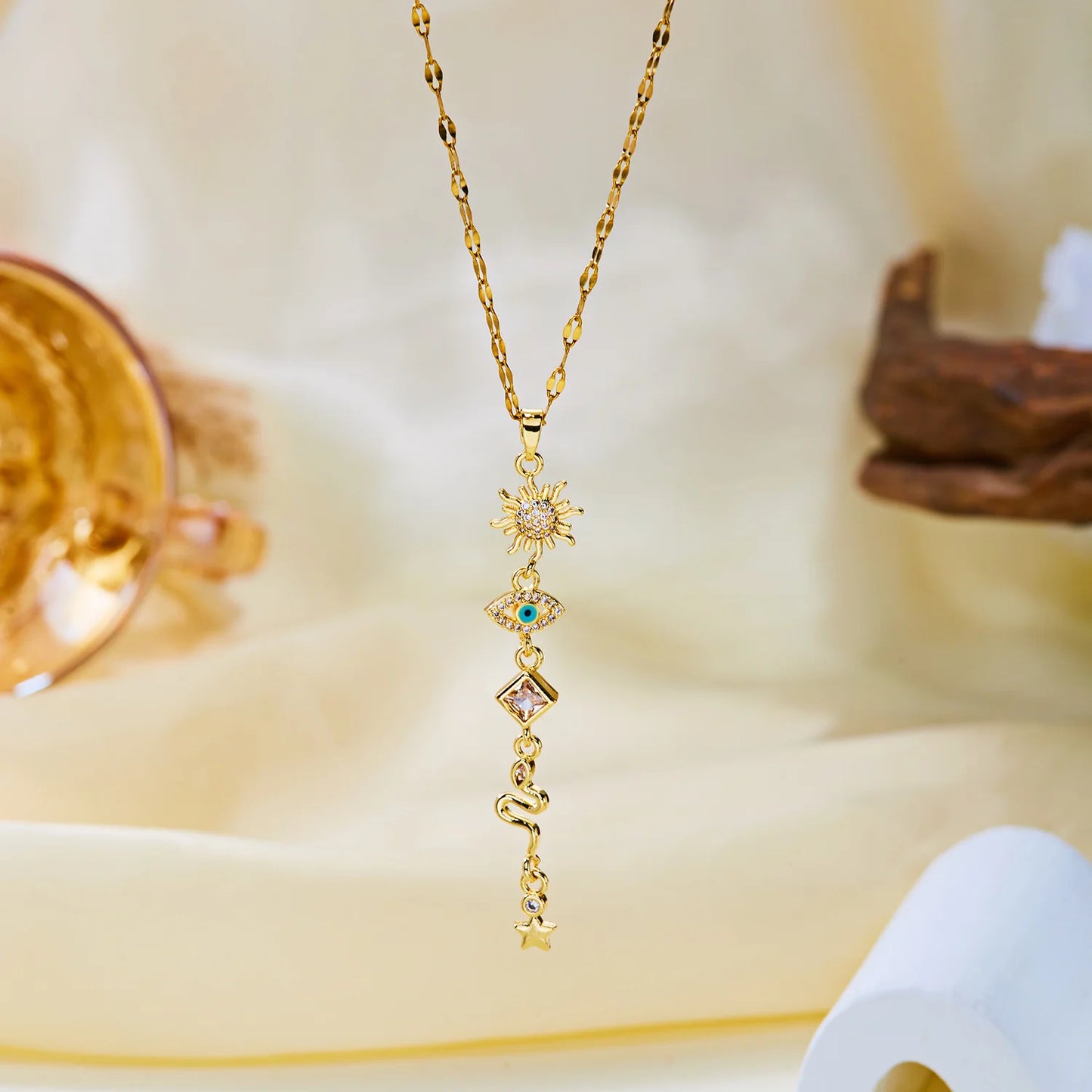 Celestial Mystical Gold Tone Necklace for Women Copper Stainless Steel Chain Sun Evil Eye Snake Tassel Boho Daily Jewelry Gift