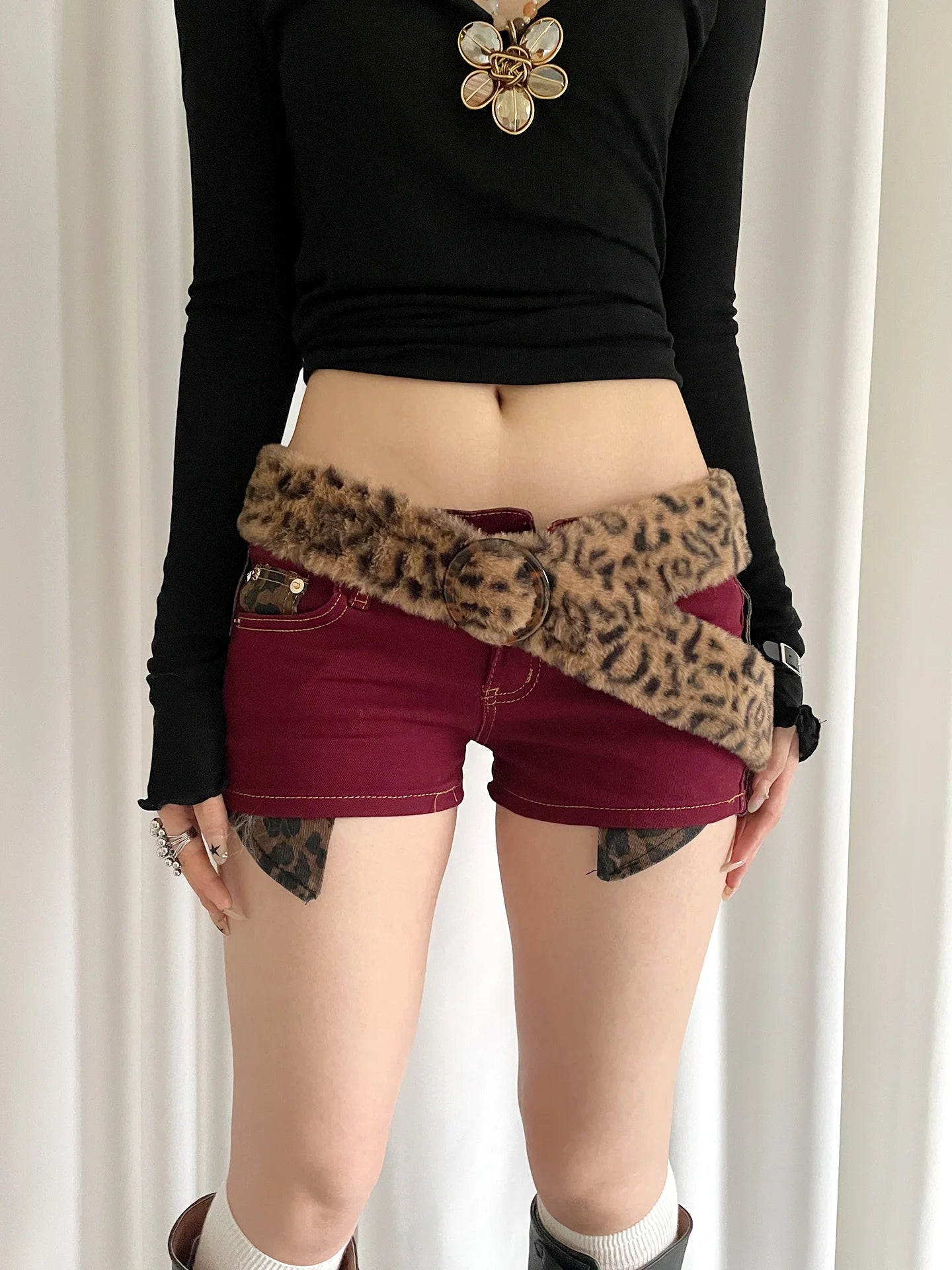 Fringe Design Leopard Print Faux Fur Belt Sexy Autumn And Winter Subculture Fluffy Accessories Post-Apocalyptic Style Belt