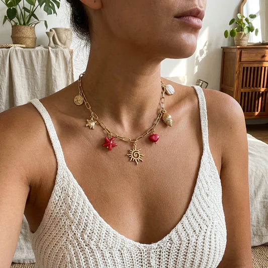 Bohemian Ocean Charm Necklace For Women Gold Tone Sun Starfish Turtle Shell Conch Summer Beach Jewelry