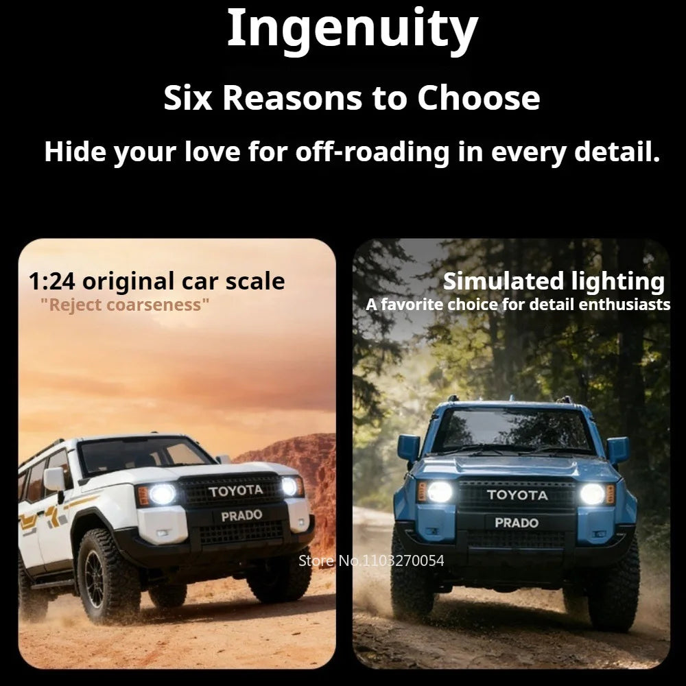 1:24 Prado FJ Cruiser Alloy Diecast Off Road Vehicle Model Toys Car Sound Light Pull Back Front Wheel Steering Festival Surprise