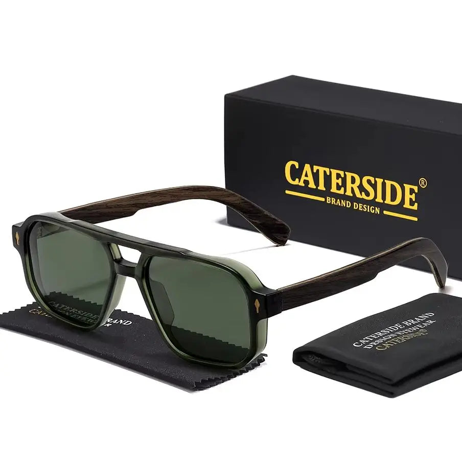 CATERSIDE Men's Polarized Pilot Sunglasses UV400 Premium Tr Frame & Wood Temple Retro Square Sun Glasses for Driving Fishing