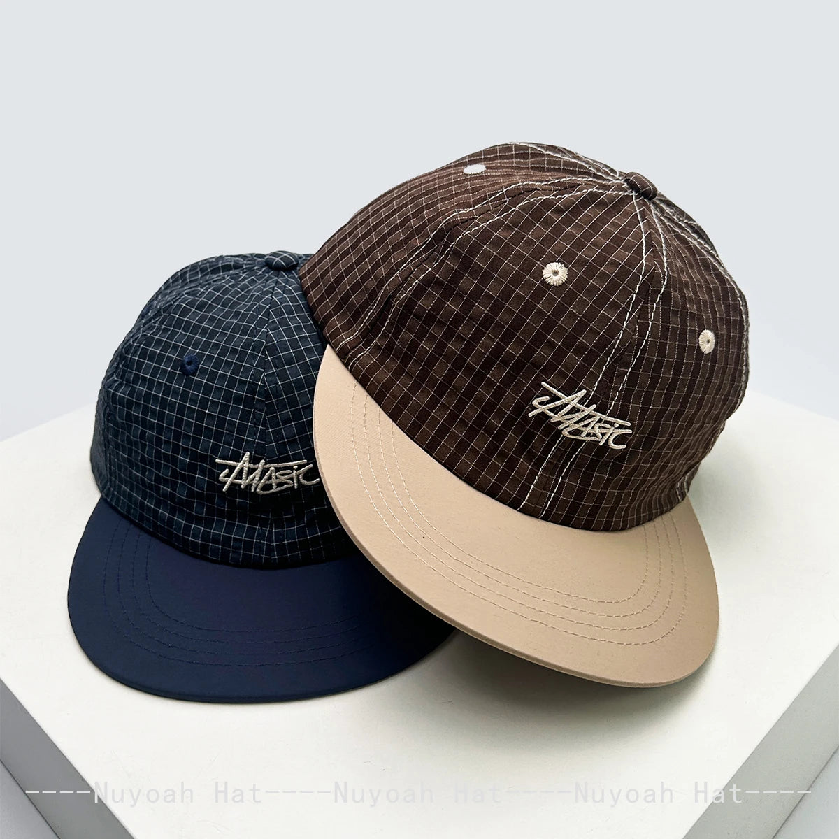 New Men Women Retro Embroidered Letters Small Plaid Baseball Hats Sunshade Quick-dry Breathable Color Block Peaked Cap Versatile