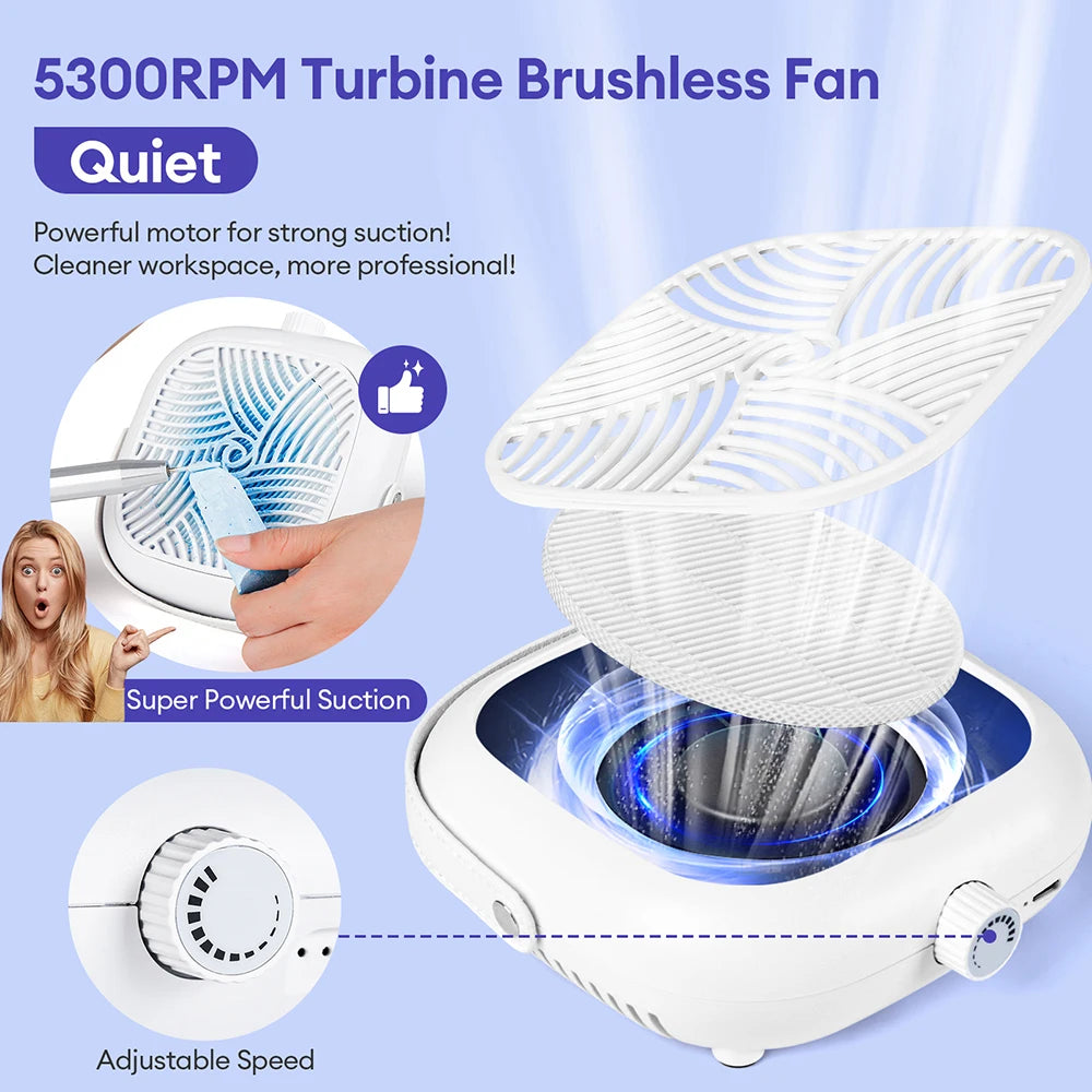 5300PRM Super Suction Mini Portable Nail Dust Collector Turbine Brushless Powerful Nail Dust Extractor 6o° Vertical Stand Use