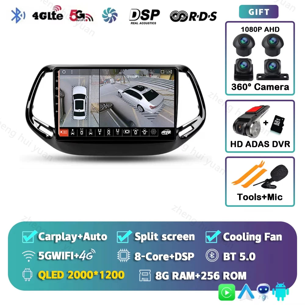 2K QLED For Jeep Compass 2 MP 2016 - 2018 Android 15 CarPlay Auto Car Radio Multimedia Video Player GPS stereo Head Unit 4G WIFI