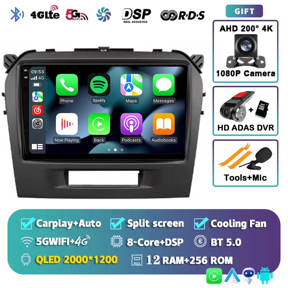 Android 15 2K For Suzuki Vitara 4 2013-2019 12+256GB WIFI Car Multimedia Player wireless Carplay Android Auto 4G Wifi GPS stereo
