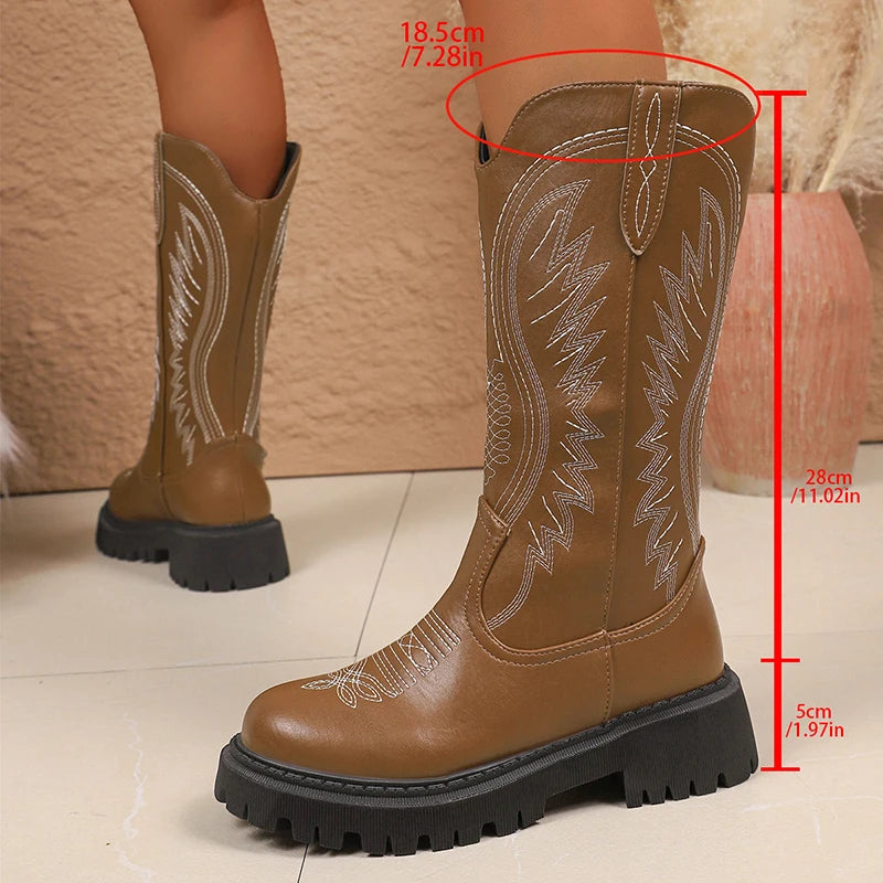 Brown Embroidery Platform Mid Calf Boots for Women Vintage Slip On Thick Sole Western Boots Woman Autumn Winter Pu Leather Botas