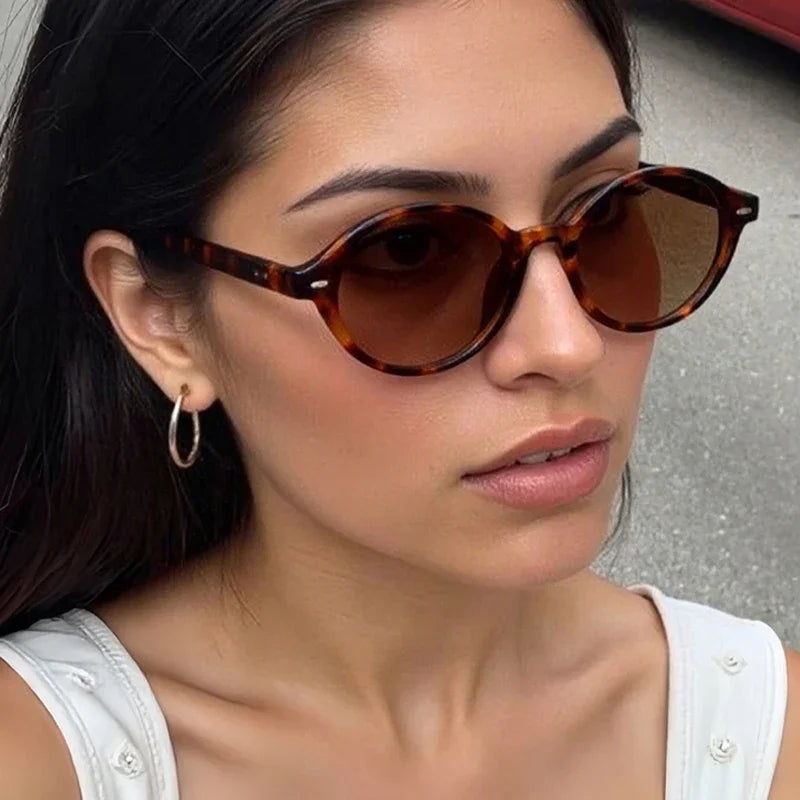 JNPCXI New Retro Small Oval Women Sunglasses Fashion Leopard Candy Color Shades UV400 Men Trending Rivets Punk Sun Glasses