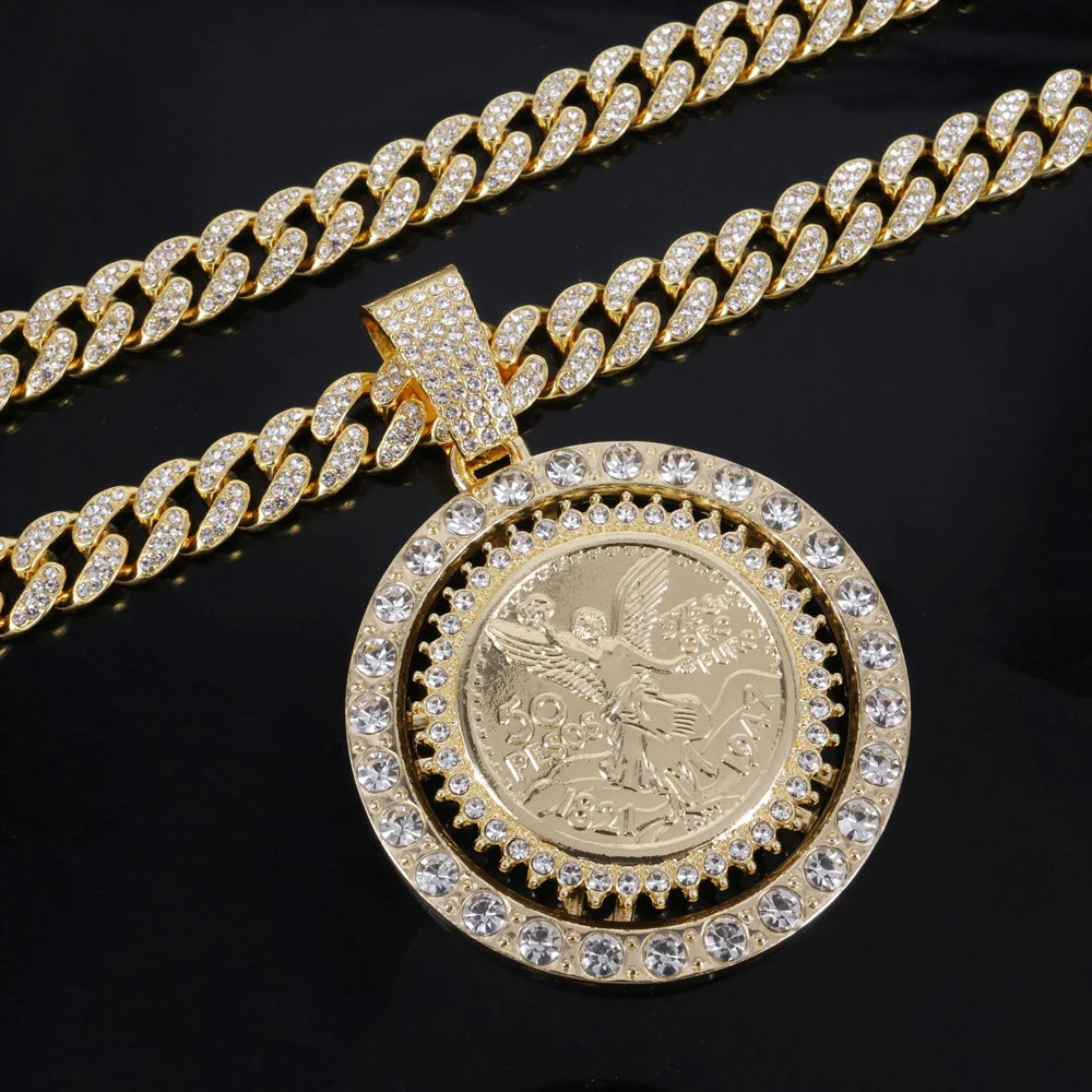 Men Hip hop Iced out Bling Rotatable Rotundity Medal Pendant Necklace 13mm Cuban Chain Hiphop Necklaces Fashion Charm Jewelry