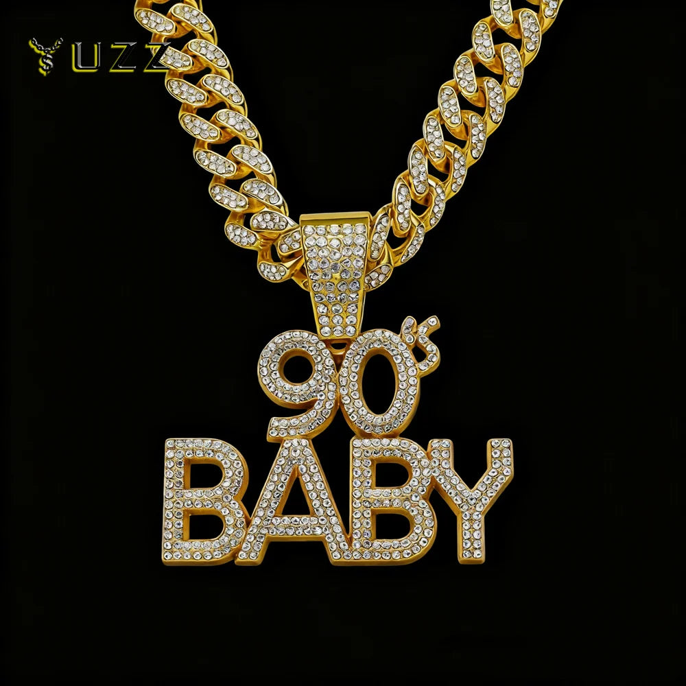 Men Women Hip Hop Full Rhinestone 90 BABY Letter Pendant Necklace Cuban Chain HipHop Iced Out Bling Necklaces Charm Jewelry Gift