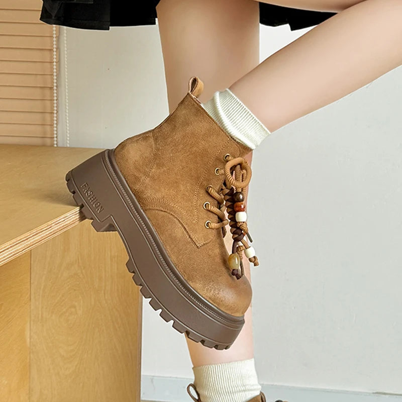 Vintage Chunky Platform Ankle Boots Women Autumn Winter Thick Sole Lace Up Boots Woman 2025 Anti Slip Zipper Short Booties Mujer