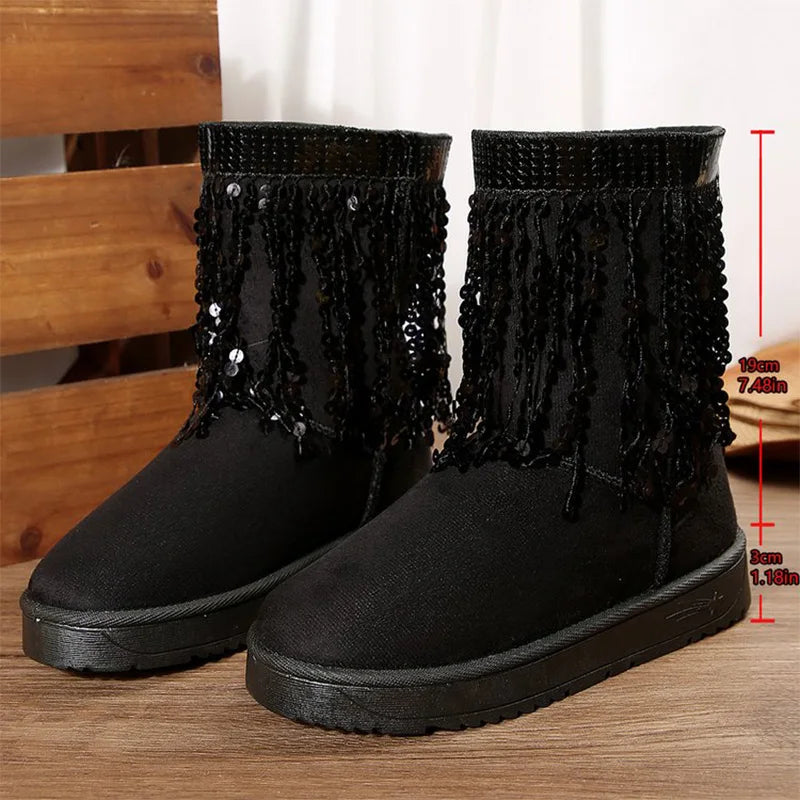 Elegant Shiny Detor Snow Boots for Women Short Plush Thicken Warm Snow Boots Woman Winter Faux Suede Platform Cotton Shoes Lady