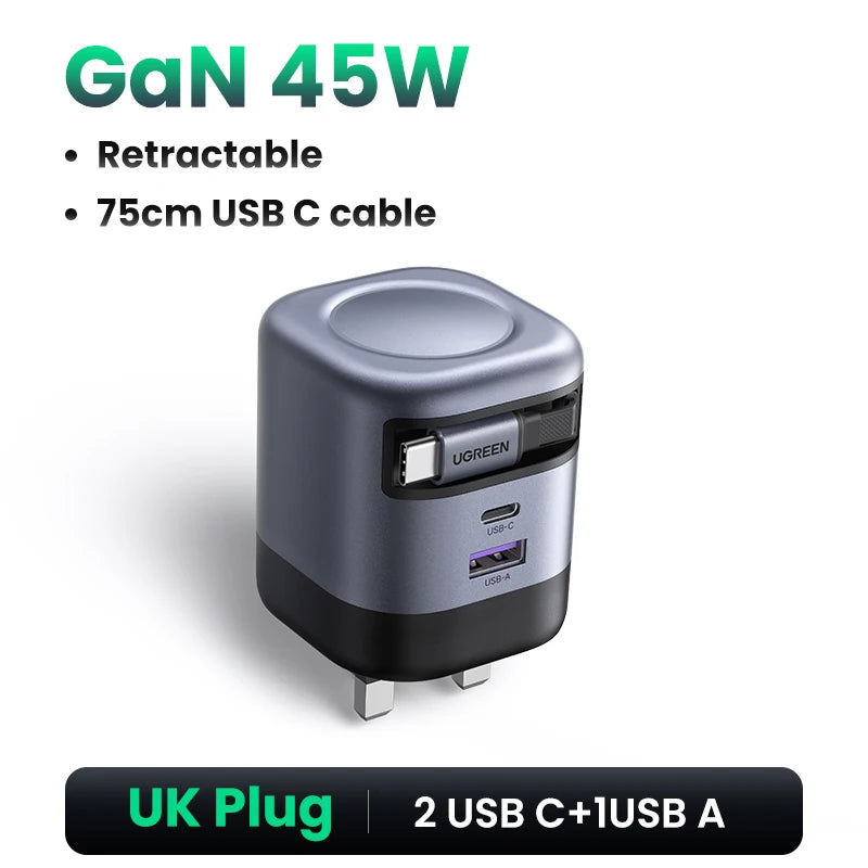 45W GaN Retractable Cable Charger UFCS PPS QC PD 3.0 iPhone 16 15Pro Samsung S25
