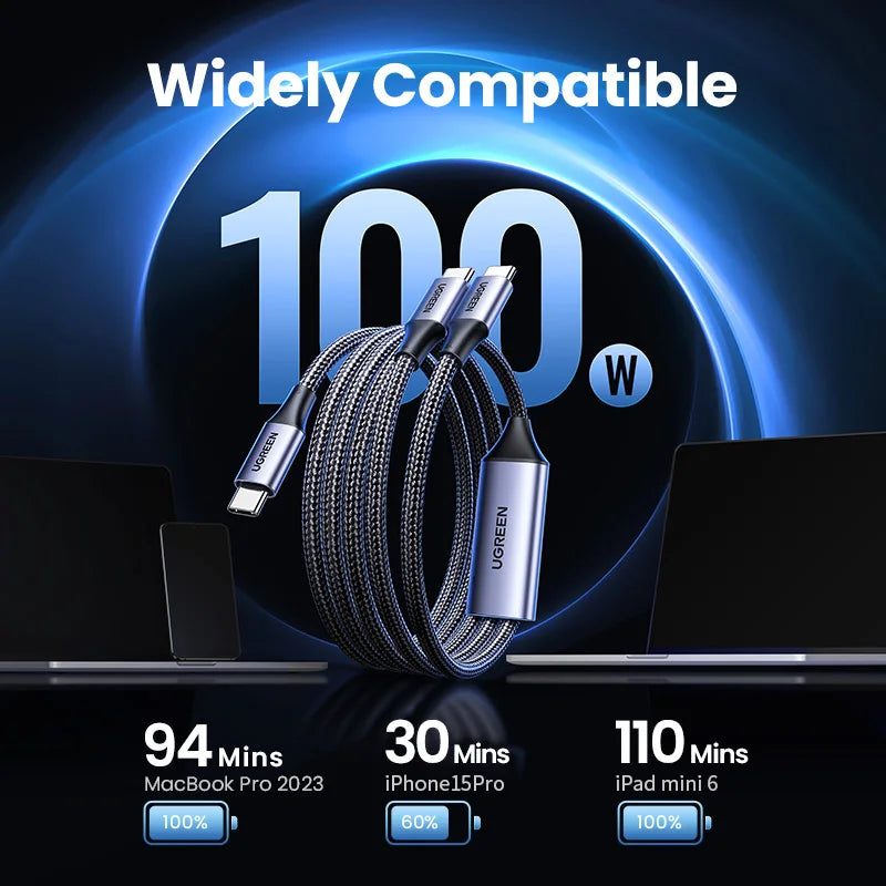 100W 2 In 1 USB C to USB C PD Fast Charging iPhone 15 Pro Galaxy S24 Laptop 5A