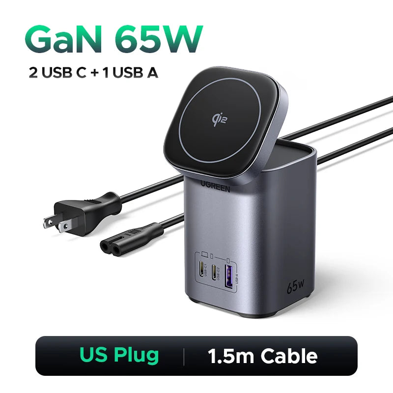 UGREEN GaN 65W Desktop Charger Qi2 15W Magnetic Wireless Charger Stand For Laptop Macbook Air iPhone 17 16 Pro Samsung Xiaomi