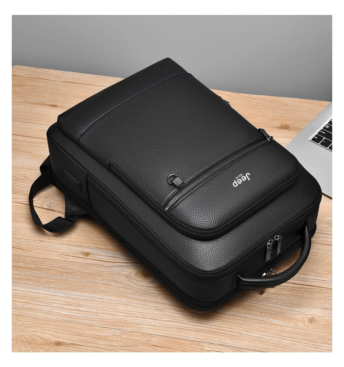 JEEP BULUO Men'Genuine Leather Business Backpacks Black Casual 15.6" Laptop bag