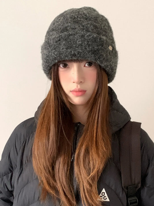 Woolen Gray Knitted Hat With A Korean Vibe Suitable For Women In Winter With A Large Head Circumference Arm And Covering Ears