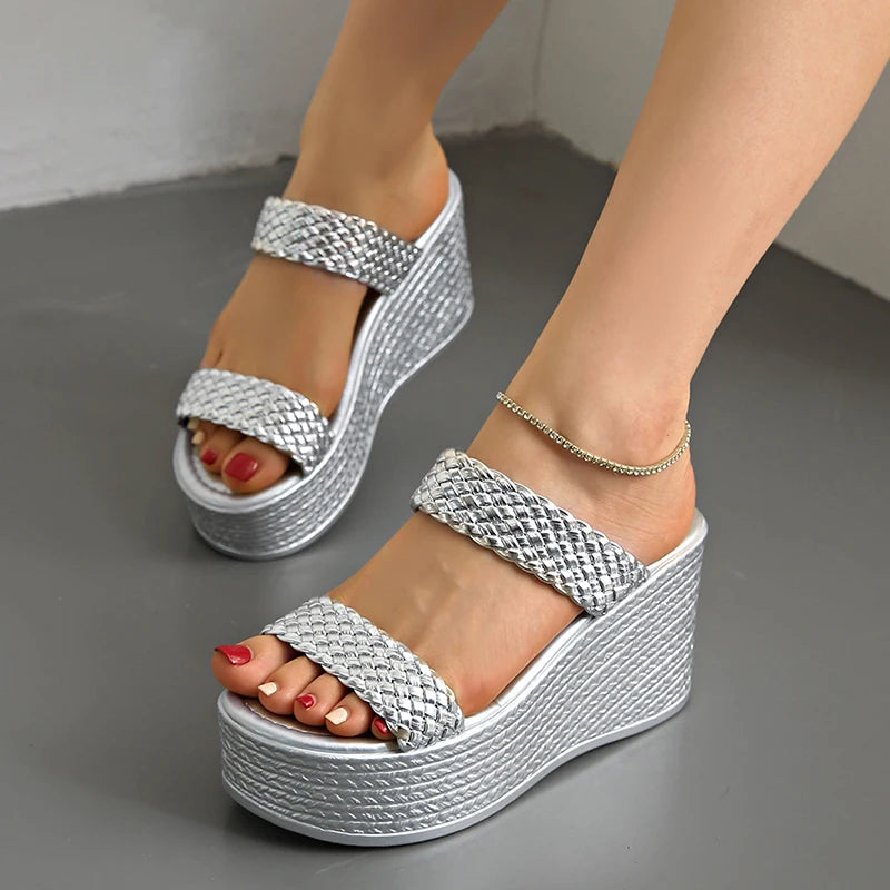 Silver Chunky Platform Slippers for Women 2026 Summer Thick Bottom Wedges Sandals Woman Plus Size 45 Woven Beach Sandles Female