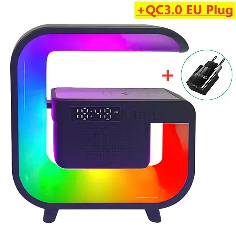 Wireless Charger Stand Pad Bluetooth Speaker Alarm Clock RGB Light Night Lamp Fast Charging Station for iPhone Samsung Xiaomi