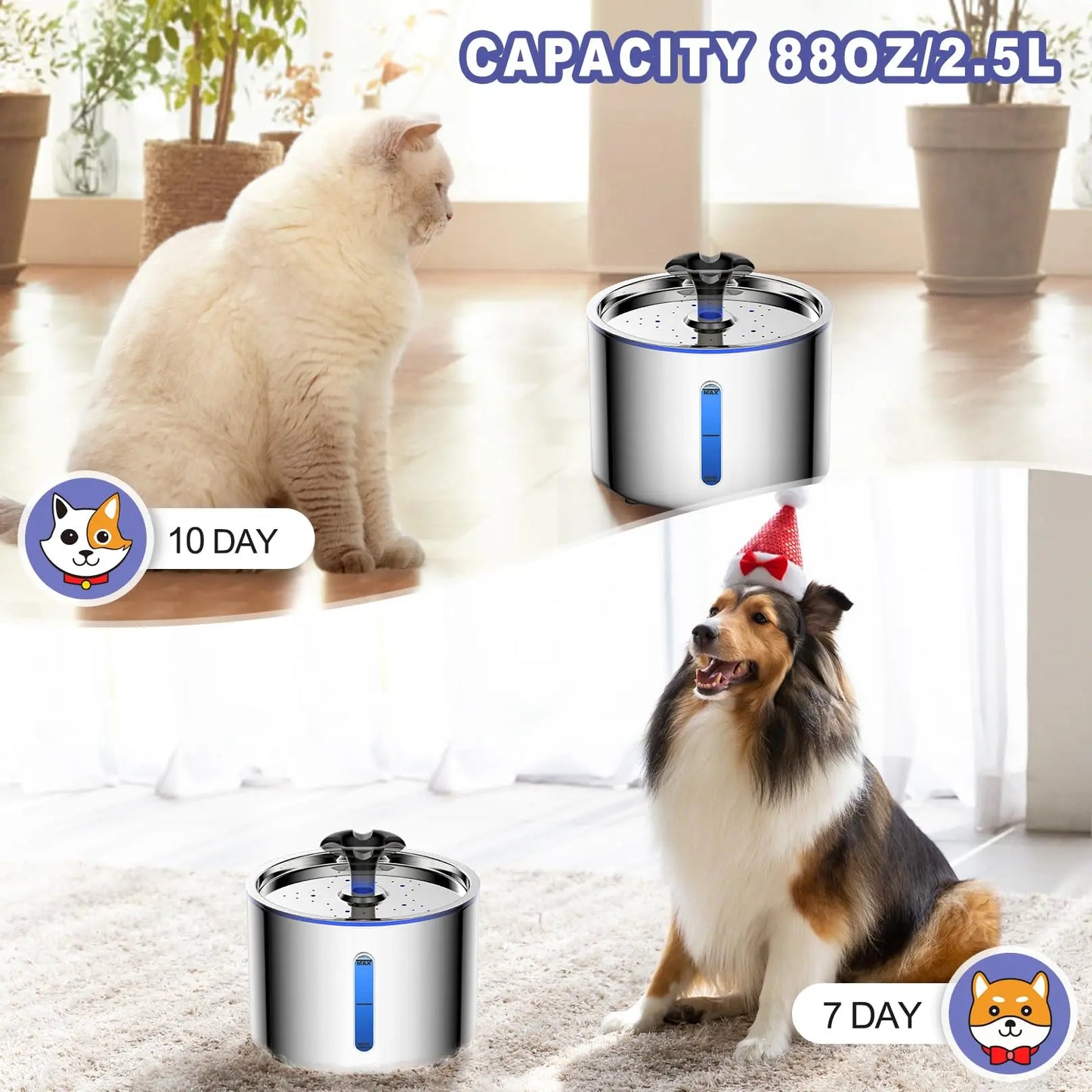 2.5L Stainless Steel Automatic Cat Water Fountain Auto Power-off Fountain W/LED