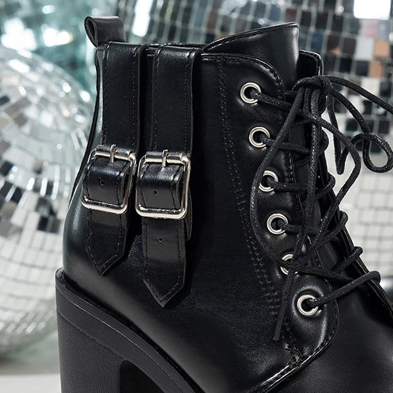 Buckle Decor Super High Heels Ankle Boots Women Lace Up Zip Thick Heeled Fashion Boots Woman Plus Size Pu Leather Short Booties