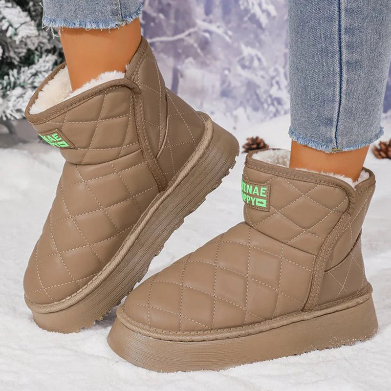 Khaki Platform Snow Boots for Women 2025 Winter New Non Slip Plush Warm Botas for Woman Korean Pu Leather Snow Boots Female